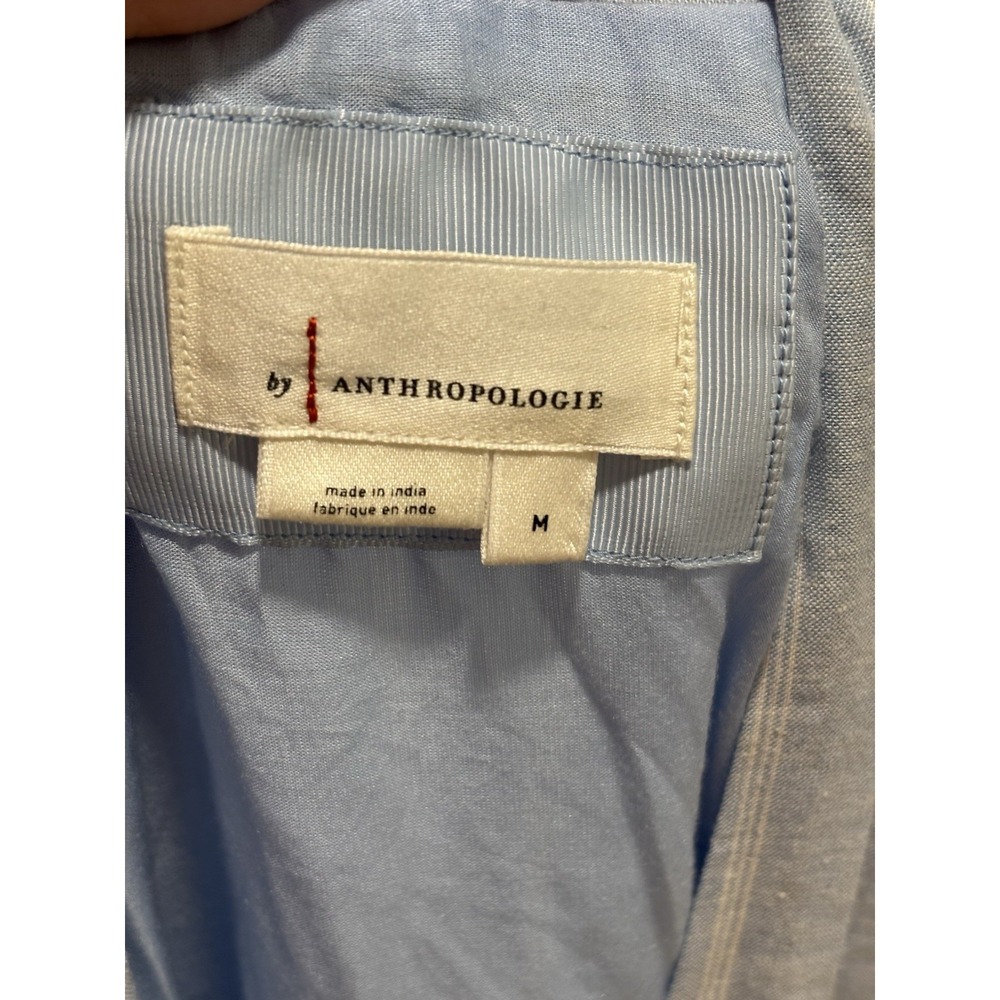Anthropologie Tommie Cap Sleeve Smocked Front-Zip Shirt Dress Linen Blue White M - Picture 8 of 10